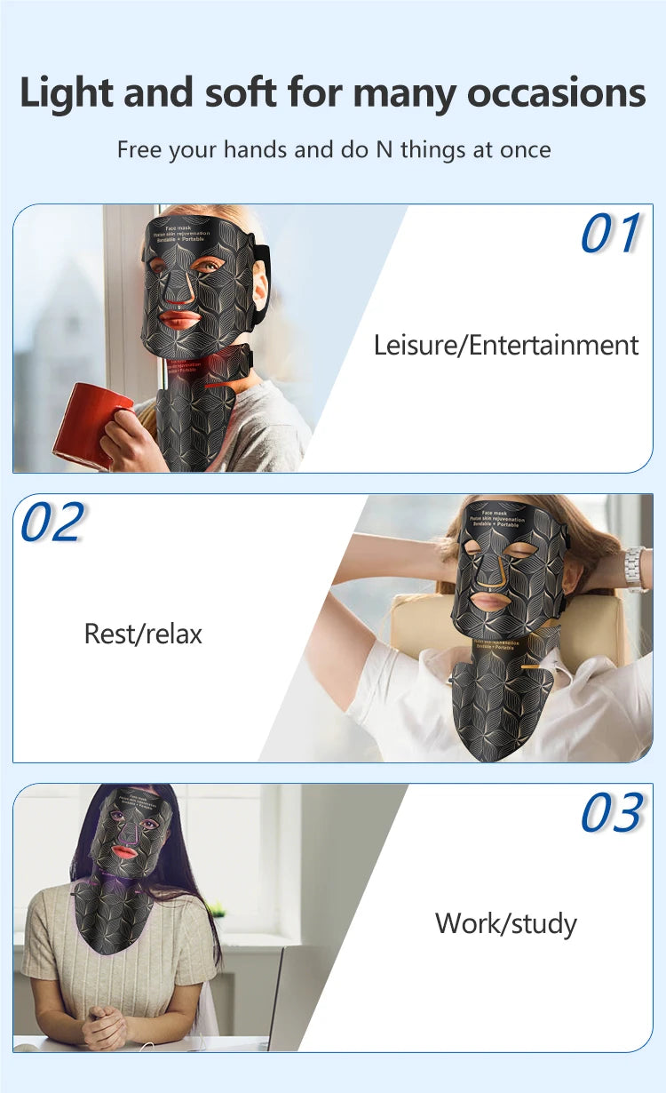 LED Facial Mask with Neck 8 color Near-infrared Red Facial and Neck Photon Oil Control Skin Firming Whitening and Anti Rednes