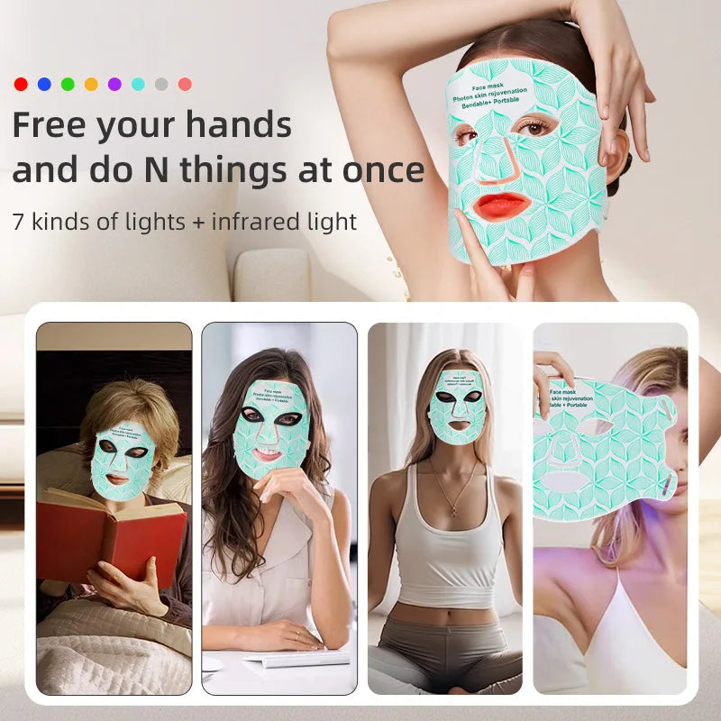 LED Facial Mask with Neck 8 color Near-infrared Red Facial and Neck Photon Oil Control Skin Firming Whitening and Anti Rednes