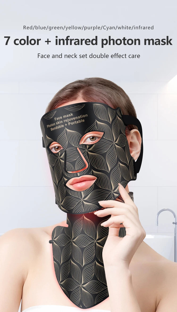 LED Facial Mask with Neck 8 color Near-infrared Red Facial and Neck Photon Oil Control Skin Firming Whitening and Anti Rednes