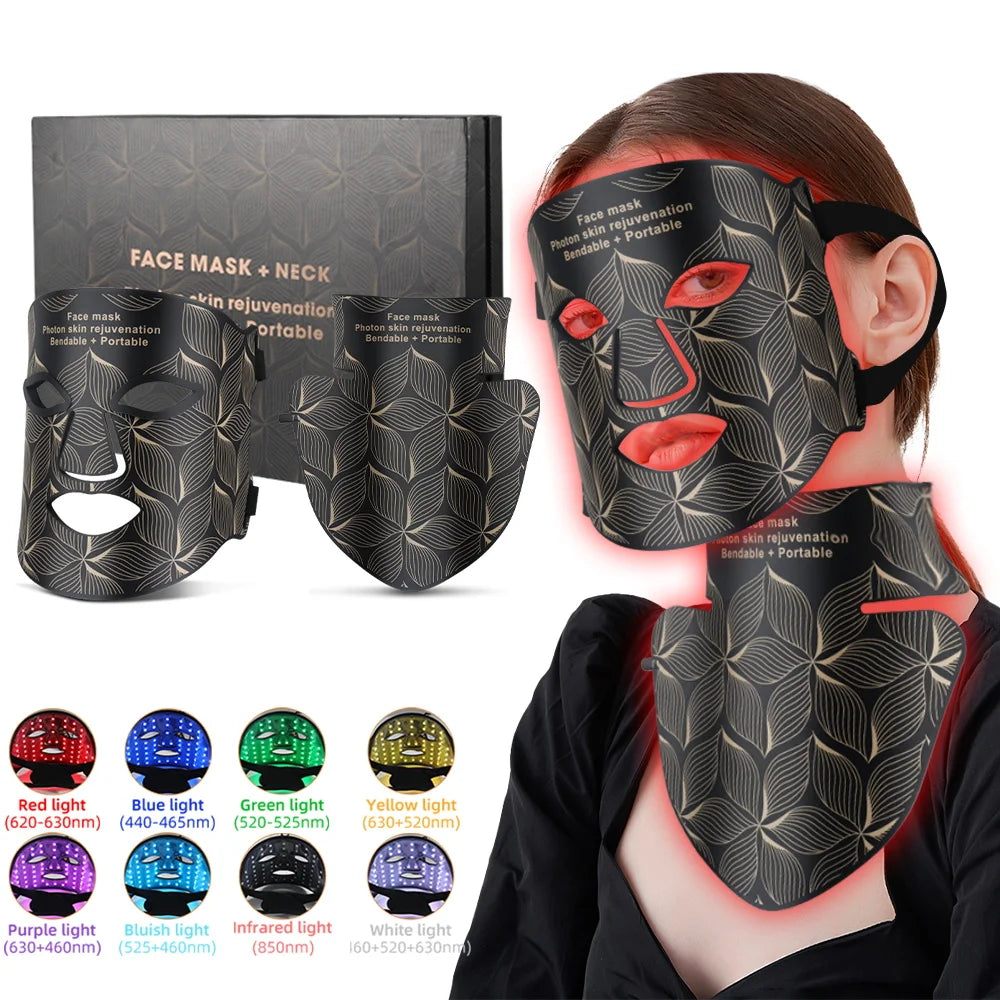 LED Facial Mask with Neck 8 color Near-infrared Red Facial and Neck Photon Oil Control Skin Firming Whitening and Anti Rednes
