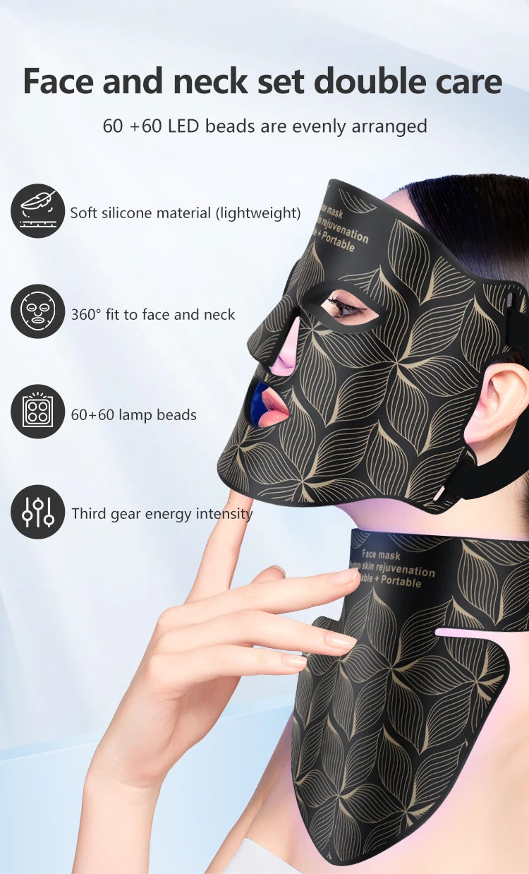 LED Facial Mask with Neck 8 color Near-infrared Red Facial and Neck Photon Oil Control Skin Firming Whitening and Anti Rednes