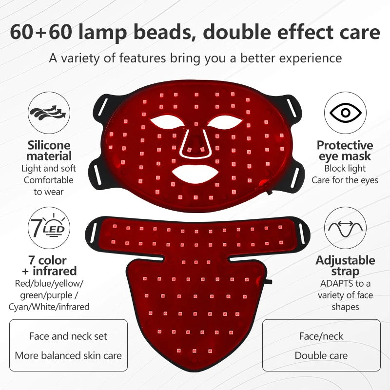 LED Facial Mask with Neck 8 color Near-infrared Red Facial and Neck Photon Oil Control Skin Firming Whitening and Anti Rednes