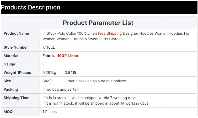 K1162L In Stock Polo Collar 100% Linen sport Designer Hoodies Women Hoodies For Women Womens Hoodies Sweatshirts Clothes