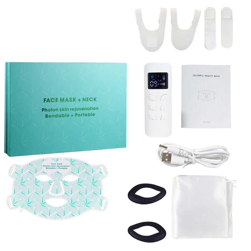 LED Facial Mask with Neck 8 color Near-infrared Red Facial and Neck Photon Oil Control Skin Firming Whitening and Anti Rednes
